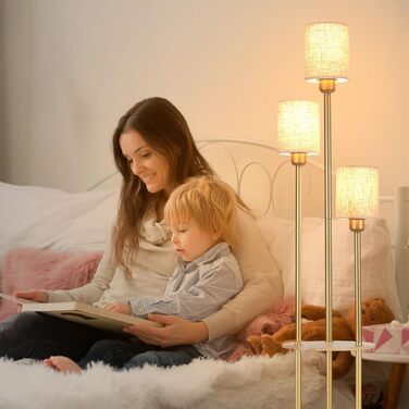 Стійка лампа Winverty для вітальні з полицею, 3 лампи, вінтажний стиль, індустріальний дизайн, E27, вимикач на нозі, абажур з льону, 1.66 м (золота)