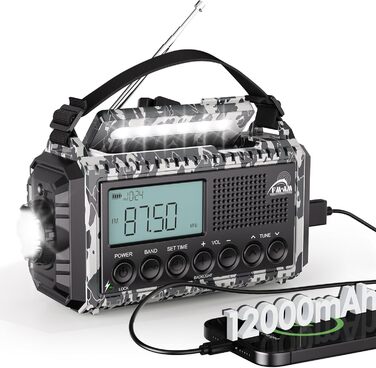 Радіоприймач AM/FM/SW для будівельних майданчиків, радіо з ручним приводом та світовим приймачем, радіо для надзвичайних ситуацій з роз'ємом Type C, Powerbank/SOS-сигнал/ліхтарик/лампа для читання/IPX4, портативне радіо для активного відпочинку, піших про