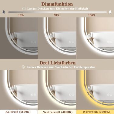 LED дзеркало для ванної кімнати Badspiegel з підсвічуванням, антизапар, сенсорне управління, регулювання яскравості, 3 кольори світла, овальне, 50x70 см