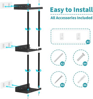 Тримач для рушників без свердління, чорний, з 6 гачками та полицею для ванної кімнати та кухні