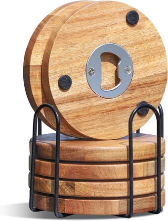 Acacia Wood Coasters Set of 6 with Bottle Opener, Wooden Coasters for Drinks with Holder, Table Protector for Home and Office Decor