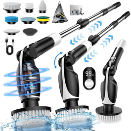 ETENTOUS Electric Cleaning Brush with 8 Replacement Brush Heads, Electric Spin Scrubber 3 Modes Power Scrubber with 37-140cm Adjustable Handle for Bathroom, Kitchen, Car, Floor (Black)