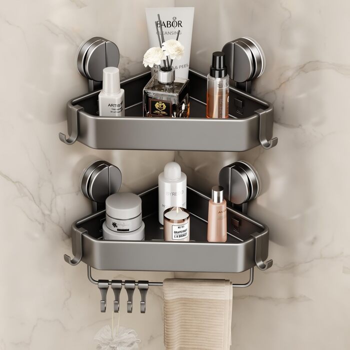 Поличка для душу без свердління, кутова поличка для ванної кімнати з присосками, корзина для душу з тримачем для рушників та знімними гачками (2 шт., сіра)