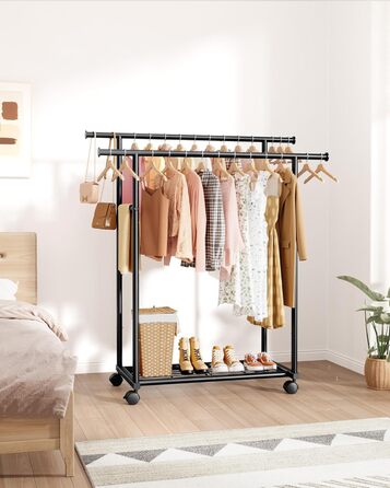 Стійка для одягу на колесах з подвійною перекладиною та сітчастим дном, 98 x 42 x 150 см, Чорний