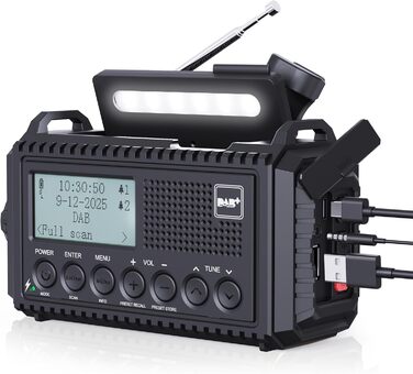 Радіо DAB/DAB+/UKW з вбудованим акумулятором 5000mAh, сонячне, аварійне, з USB-зарядкою, для кемпінгу, з LED-ліхтариком, SOS-сигналом, ручне, портативне, чорне