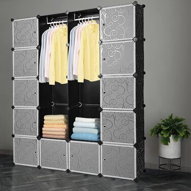 Regalsystem Shoe Rack Set of 20 Cubes, Plastic Closet with Doors, Plug-in Shelf, DIY Cube Shelf, Modular Storage Combination Cabinet for Clothes, Shoes, and Books, Black