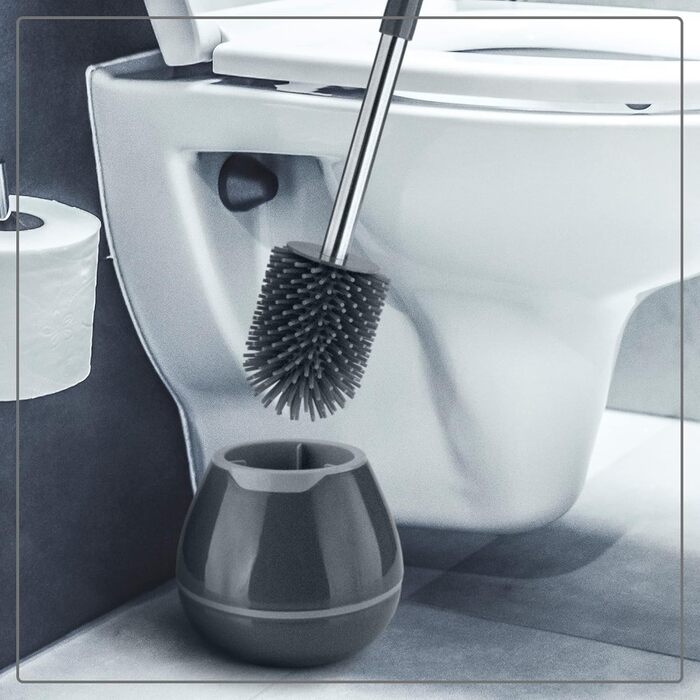 Силіконова щітка для туалету з контейнером - довга ручка, гнучкі щетинки, набір для ванної кімнати, сіра - преміум якість