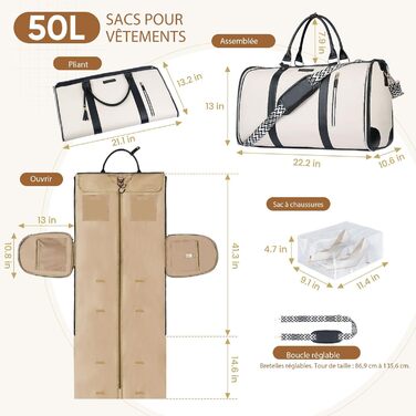 Сумка-органайзер для подорожей 50 л, 2-в-1: сумка та водонепроникне взуття з антизминальним системою для жінок та чоловіків – ідеально для ділових поїздок та відпочинку (Бежевий)