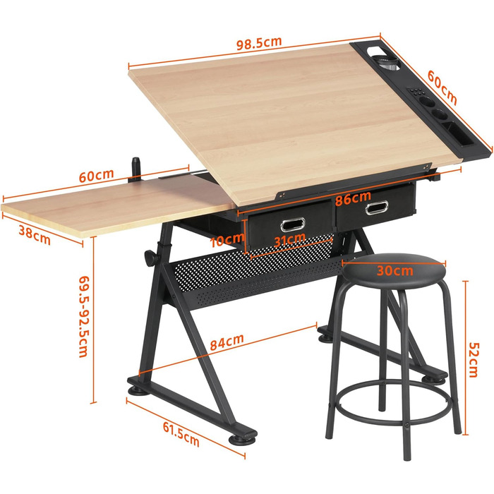 Yaheetech Adjustable Drafting Table with Stool and Drawers - Height Adjustable Desk for Architects, Technicians, and Students - Wood Finish