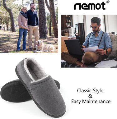 Чоловічі мокасини-домашні тапочки Riehmot з м'якою підошвою з гуми, з підкладкою Sherpa, теплі, з м'якою піною Memory Foam, сірі, розмір EU 42-47