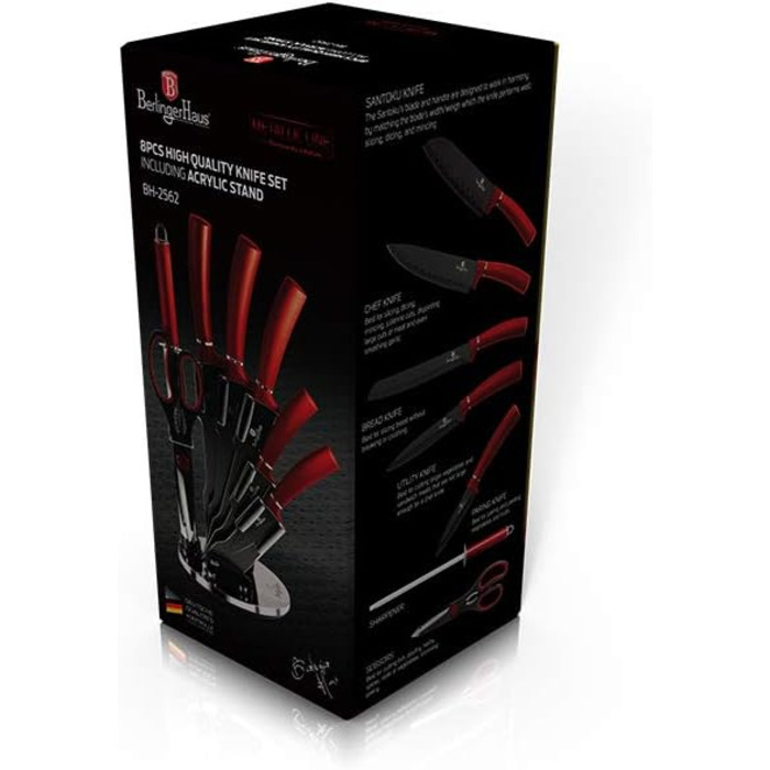 Набір кухонних ножів BerlingerHaus Burgundy 8 предметів, нержавіюча сталь, антипригарне покриття, тримач з акрилу, ніж кухарський, ніж для цибулі, ніж Сантоку, точилка, ножиці, металевий дизайн, червоний