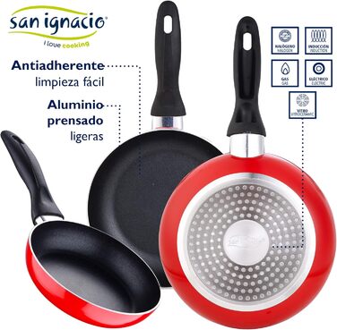 Набір сковорідок San Ignacio 3 шт. 16/20/24 см, червоний, універсальна кришка, пресоване алюміній, для індукційних плит