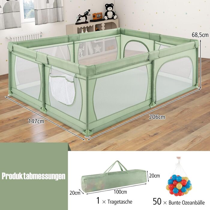 Дитячий манеж COSTWAY 205x147 см, складаний, з 50 кульками, 2 дверима, дихаючою сіткою та блискавкою, для немовлят і малюків, зелений, без матраца