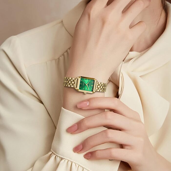 Жіночий наручний годинник CHEETAH Vintage Quartz — золотистий прямокутний корпус, сталевий браслет, водонепроникний (Золото/Зелений)