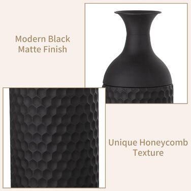 Vintage Black Tall Floor Vase Set of 3 - 68/51/41cm Metal Honeycomb Texture Matte Decorative Vase for Living Room, Dining Room, Bedroom, Office & Home Décor