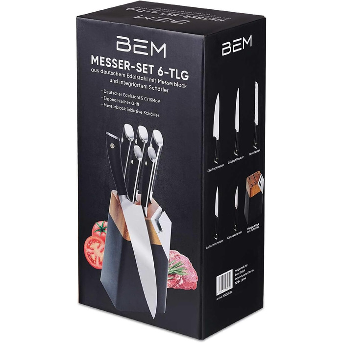 Набір кухонних ножів BEM Master Chef 6 шт. з підставкою: кухонний ніж, ніж для овочів, ніж для нарізки, універсальний ніж, ніж для хліба; шліфувальник, нержавіюча сталь