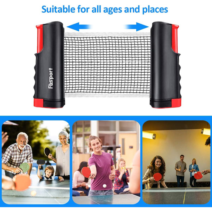 FBSPORT Набір для настільного тенісу Професійний: 2 ракетки, сітка, 6 м'ячів, сумка. Для гри в приміщенні та на вулиці. Чорний