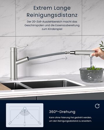 Однолеверний змішувач для кухні Dayone з висувною лійкою, нержавіюча сталь, 3 режими, 360° обертання, для кухонних мийок (15 см), матовий, преміум якість
