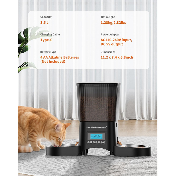 Автоматичний годівник для котів та собак HoneyGuardian з 2 мисками, таймером та великим об'ємом 3.5L, чорний