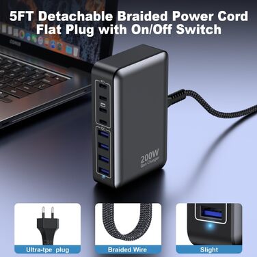 Зарядний пристрій USB-C 200W, 8 портів GaN, швидка зарядка PD 65W для ноутбука MacBook/Dell/Steam Deck, iPhone 17/16/15/14, Galaxy S24/S23 (чорний)