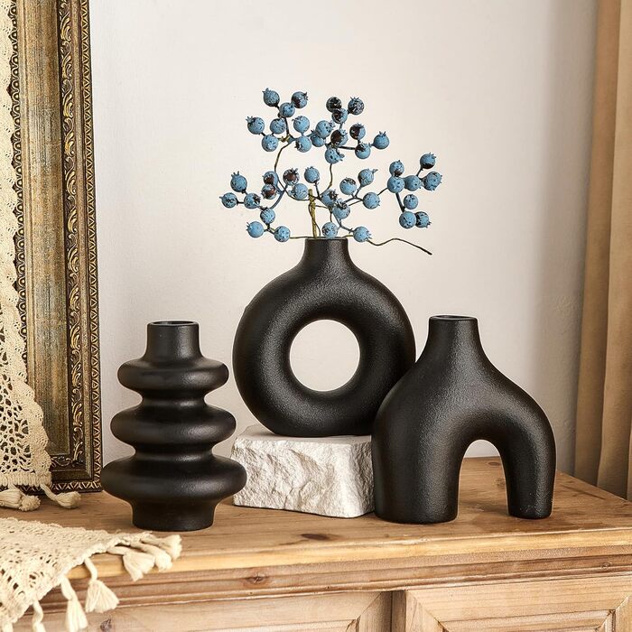Set of 3 Black Ceramic Vases - Small Pampas Grass Decor, Modern Flower Vases for Home, Wedding & Living Room Centerpieces