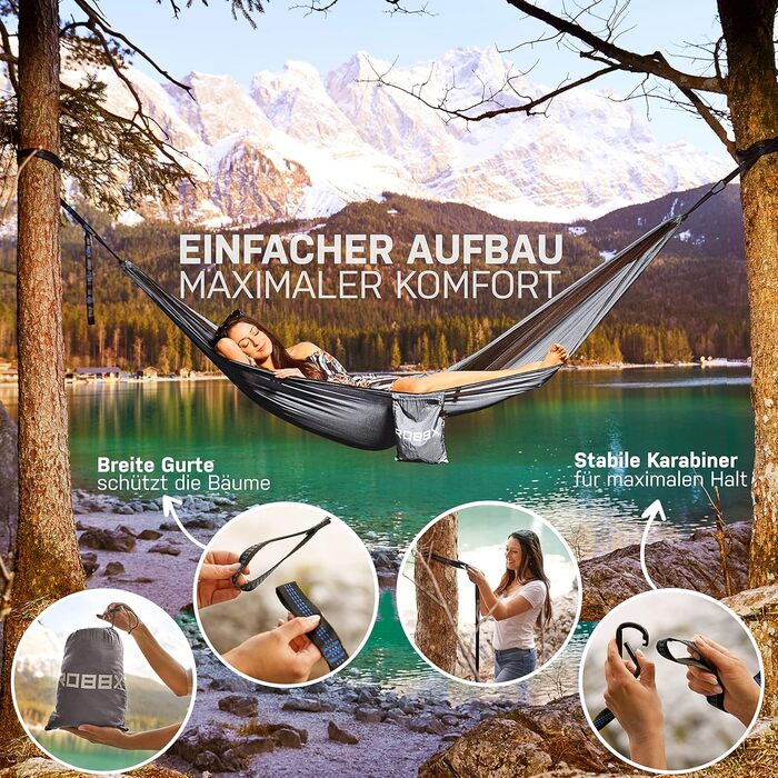 Гамак ROBBX® для 2 осіб з москітною сіткою | 300 кг | Сірий, 290x140 см | Намет-гамак для кемпінгу та відпочинку на природі