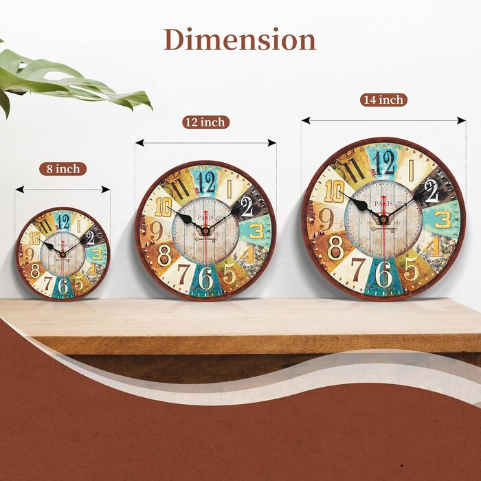 VIKMARI Quartz Wall Clock Wood Silent Hanging Clock, Battery-Powered Round Rustic Clock, Easy to Read Vintage Interior Wall Clock || 14' (France Parisian Style, 20 cm)