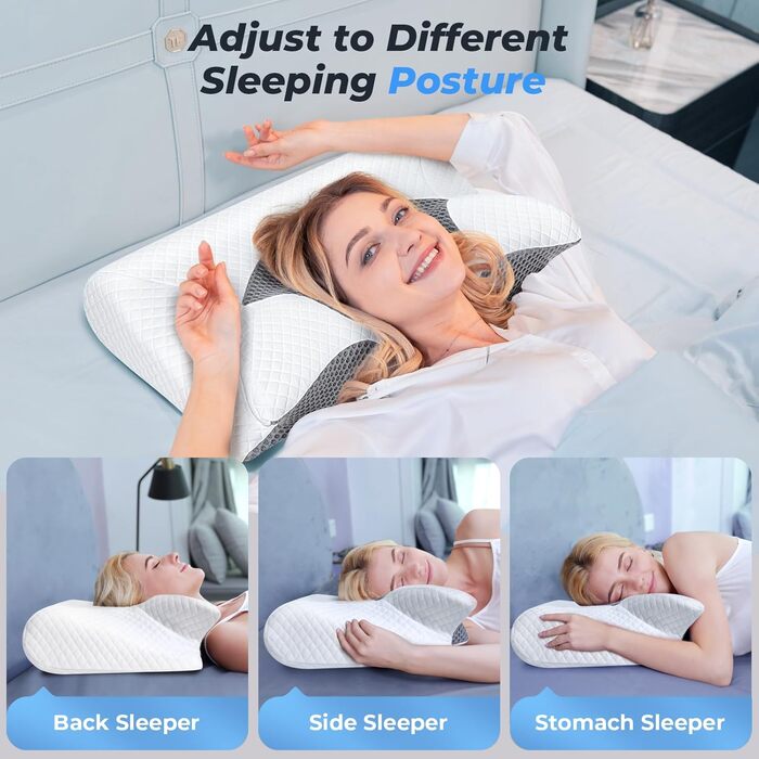 Подушка для шиї Saheyer з Memory Foam, 2-в-1: підтримка шиї, подушка для голови, для сну на боці, на животі та на спині, знімний та дихаючий чохол, 59 * 43 * 12/15 см, сіро-білий