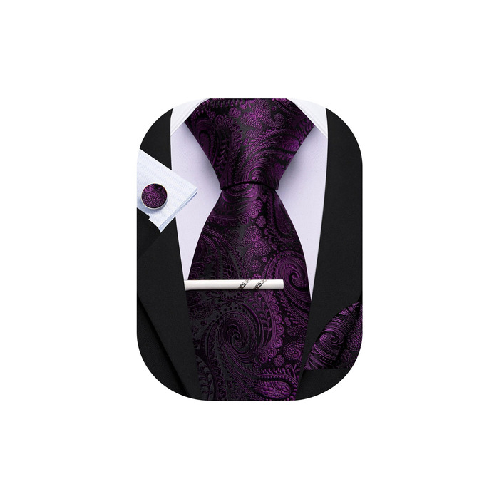 Набір краваток з кишеньковим хустинкою та краватною застібкою Barry.Wang: Шовкова краватка, манжетні кнопки, для вечірок, ділових зустрічей та весілля (фіолетовий)
