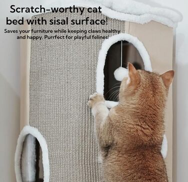 Spindro Cat Cave Cat Bed Large, Cat House Indoor Cat Sleeping Place with Removable Sherpa Cat Cushion and Hanging Toy, Cat Bed, Light Grey 42x42x33cm (4 level (42cmx32cmx84cm), Grey)
