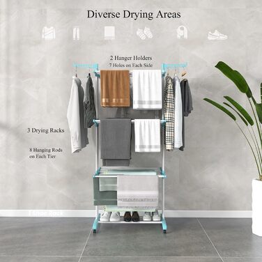 Стійка для сушіння білизни HOMASIS з 4 рівнями, розкладна, з колесами та бічними крилами, 127x63x171см, блакитна, вантажопідйомність 30 кг