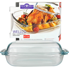Форма для запікання Van Well 4.1 л з кришкою, скляна прямокутна жаростійка 340x215 мм, набір: миска 2.5 л + кришка 1.6 л, кухонний посуд Wellco