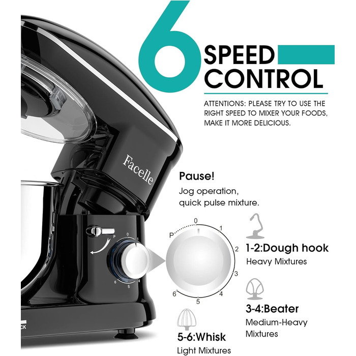 Кухонна машина Facelle 1500W з нержавіючою чашею 6.2л, 6 швидкостей, комплект насадок (чорна)
