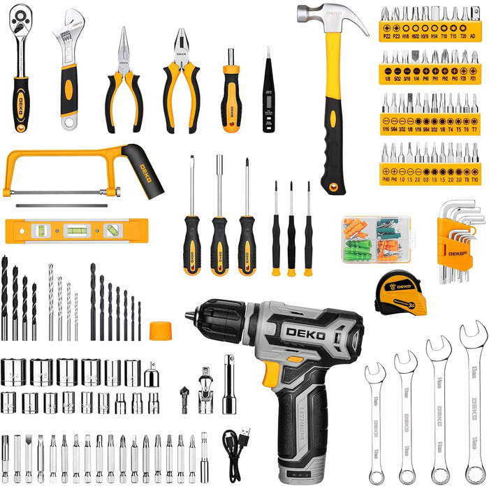 Акумуляторний дриль-шуруповерт DEKO 12V: набір інструментів 238 шт. з кейсом. Електричний дриль для дому, рукоділля та дрібного ремонту. Жовтий.