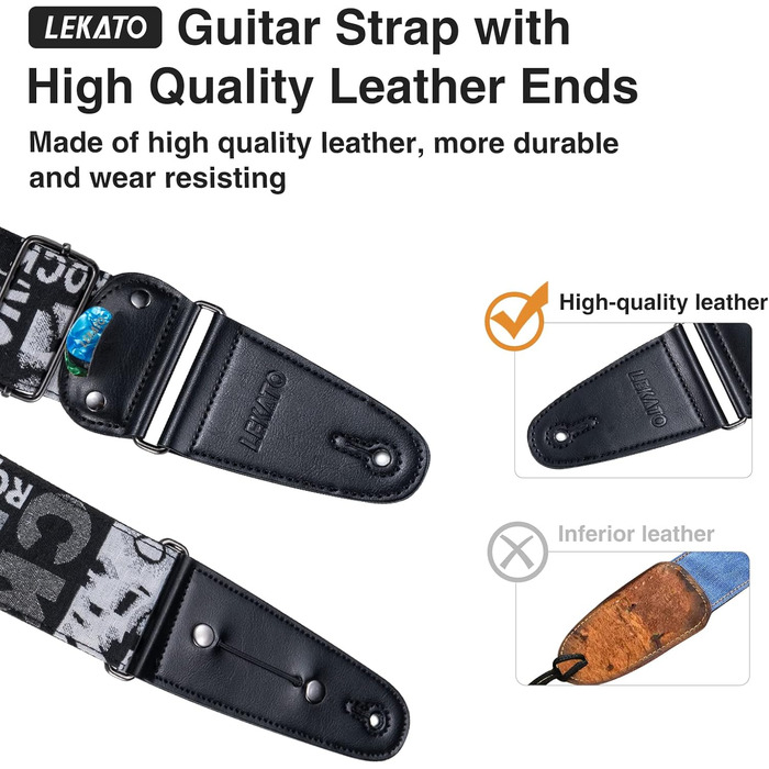 Гітарний ремінь LEKATO, смугастий, 6.7 см, з шкіряними кінцями та кишенькою для медіатора - з 6 медіаторами/фіксаторами ремінця - для бас-гітари, електрогітари та акустичної гітари