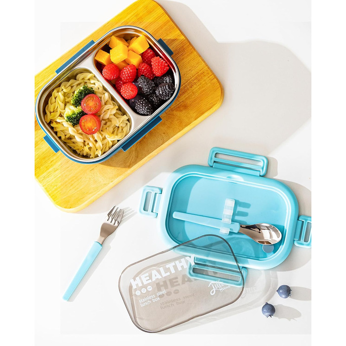 Ланчбокс Lille Home Bento з нержавіючої сталі, 850 мл, 2 відділення, витікання, з сумкою та столовими приборами, BPA-free (Світло-блакитний)