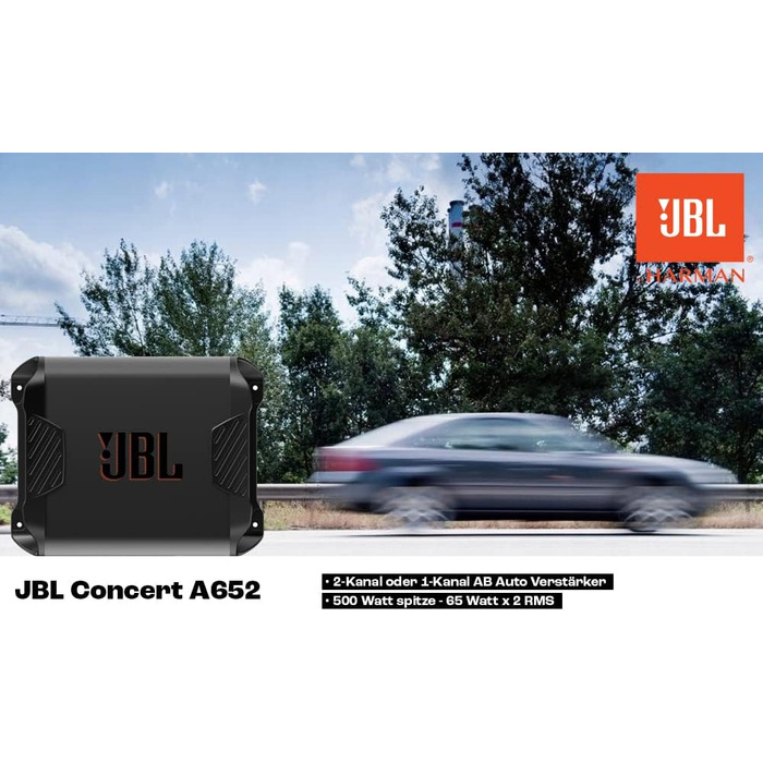 JBL Concert A652 2-канальний автомобільний підсилювач класу AB, 2×65 Вт RMS, 500 Вт пікова потужність, для 2 динаміків або сабвуфера 170 Вт RMS