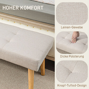 HOMCOM Bench, Upholstered Bench with Linen Look, Button Tufting, Bed Bench with Wooden Legs for Bedroom, Living Room, Hallway, 120 x 41 x 43 cm, Cream | Aosom