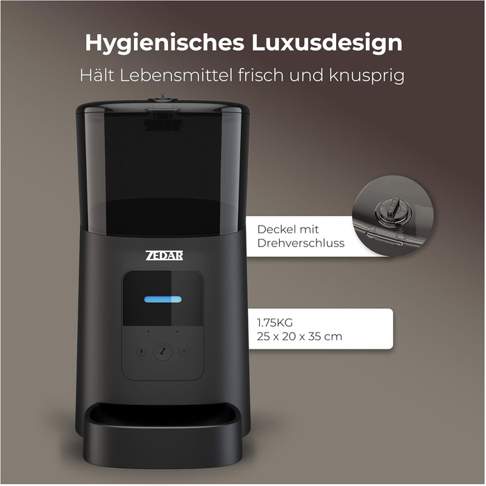 Автоматичний годівник для котів та собак Zedar A600, 6 літрів, з керуванням через APP, з нержавіючої сталі