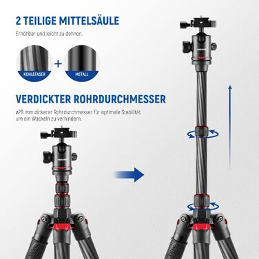 Штатив NEEWER 77' для камери, монопод, сумісний з DSLR та смартфоном, 360° кульковий голівкою, 2-осьова центральна колонка, QR-плита Arca, сумка, максимальне навантаження 15,4 кг, TP77 (карбоновий штатив з 2 осями)