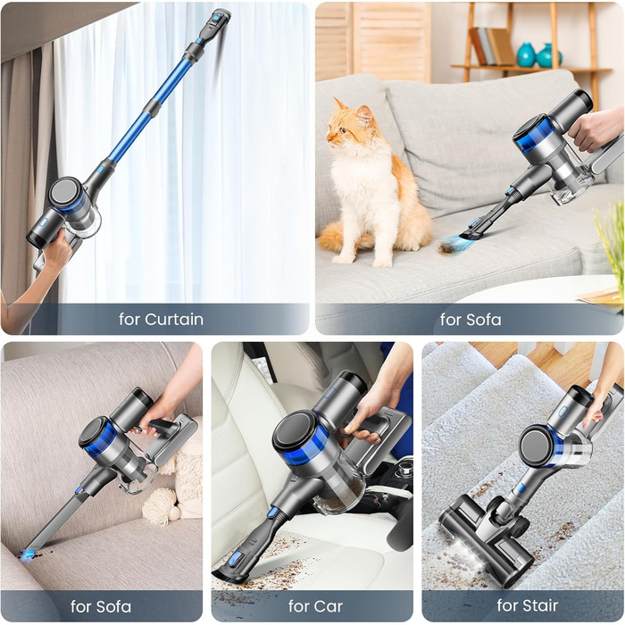 Акумуляторний пилосос Dzaki, 45KPa, бездротовий, без мішка, з дисплеєм, антизаплутувальна щітка, 55 хв роботи, знімний акумулятор, для твердих поверхонь, шерсті тварин, килимів, авто, блакитний