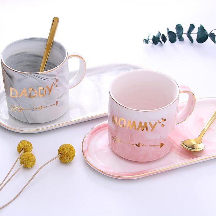 WUWEOT 350ml Coffee Mug Set Ceramic Mommy and Daddy Pair Mugs with Marbling Patterns Coffee Cups Set Gift Set with Lid Spoon Gift Box Perfect for Coffee, Tea, and Water