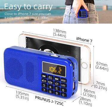 PRUNUS J-725 FM/UKW радіо: цифрове, портативне, з акумулятором 3000mAh, USB/SD/TF/AUX, радіо-годинник, з LED-ліхтариком (блакитне).