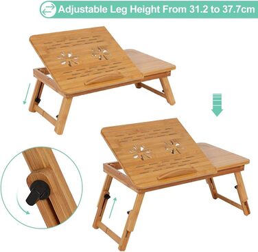 Бамбуковий стіл для ноутбука, підставка для ноутбука, регульований і складаний столик для сніданку з ящиком для школи, спальні або офісу (2)