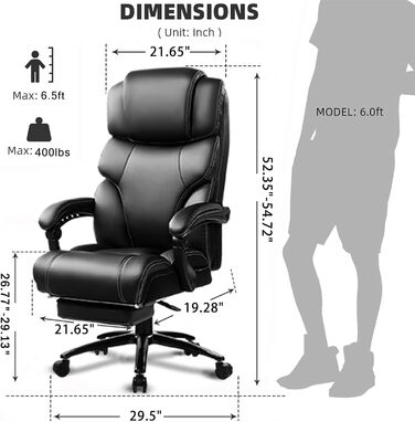 KCREAM Ergonomic Leather Office Chair with Footrest - High Back Executive Desk Chair, Adjustable Armrests, Swivel, Height Adjustable (Black)