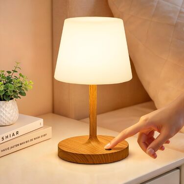 Світлодіодна настільна лампа бездротова з сенсорним керуванням, акумуляторна, з регулюванням яскравості та функцією пам'яті для спальні, кафе, вулиці, з імітацією текстури дерева