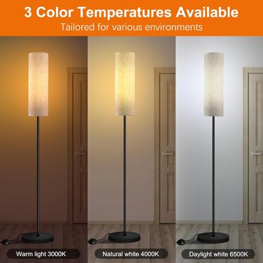 Стійка лампа для вітальні з 3 колірними температурами, 12W E27, бавовняний абажур, вимикач на нозі, LED диммер, підходить для спальні, читання, офісу (сучасний)