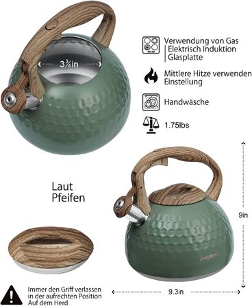 Чайник Poliviar Teekessel Diamant-Grün з нержавіючої сталі, стійкий до корозії та високих температур, підходить для всіх типів плит (JX2020-RH30-DE)