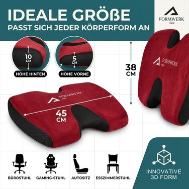Ортопедична подушка для сидіння Formwerk NRW - Преміум ергономічна подушка для офісу та авто з 3D Memory Foam, сертифікат OEKO-TEX-100 (60-100 кг), червона