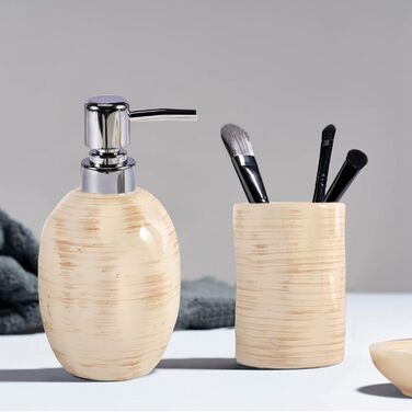 Набір для ванної кімнати на 3 предмети: органайзер з кераміки (тримач для зубних щіток, дозатор мила, мильниця), стильна декор у стилі бохо, мармурова текстура, бежевий колір